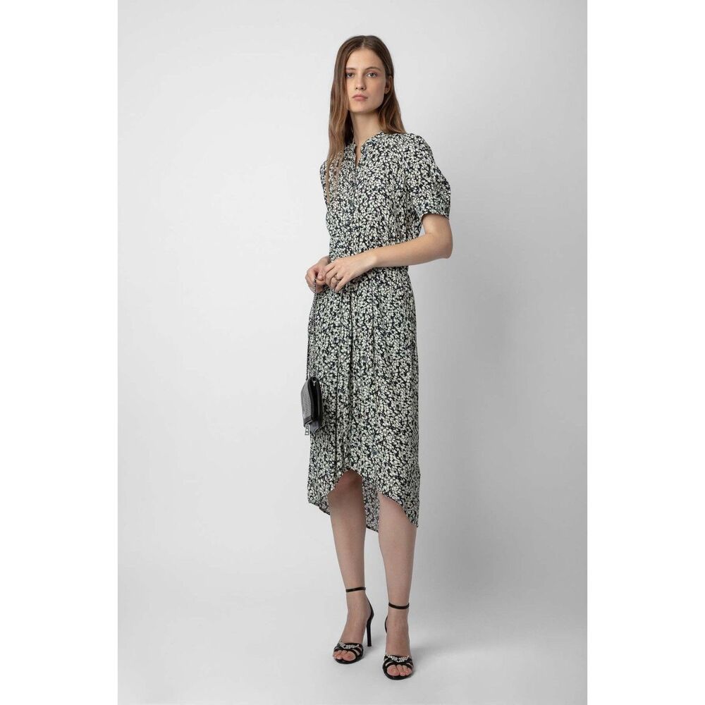 Zadig & Voltaire Rima Crepe Bico Flowers Puff Sleeve Hi Lo Midi Dress Size XS